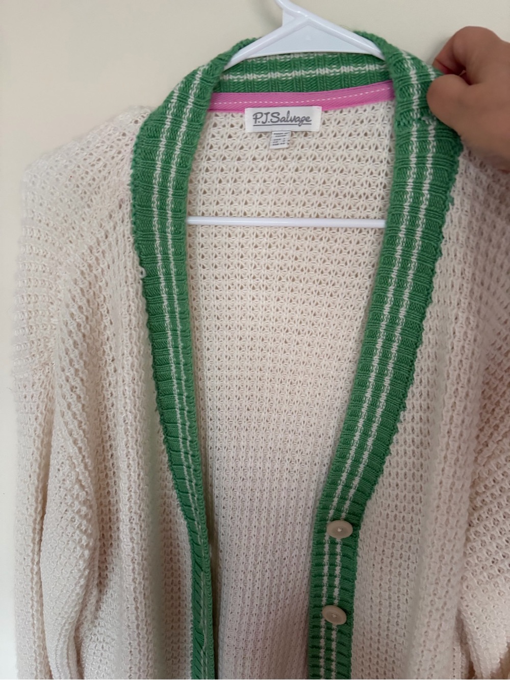 P.J. Salvage Cream Open-Weave Cardigan with Green Trim